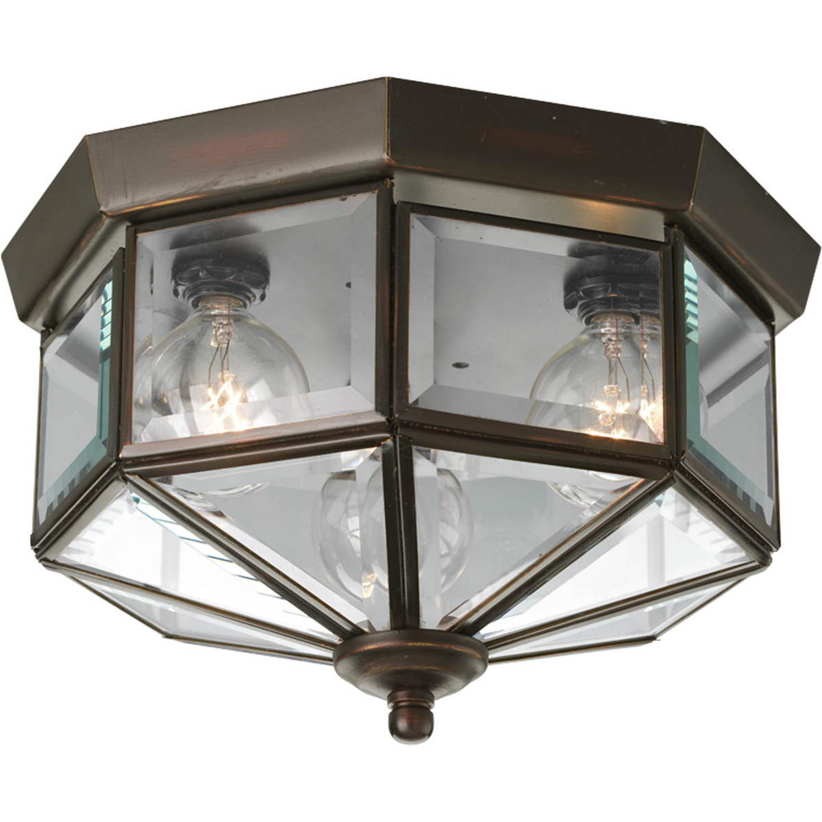 Three-light octagonal close-to-ceiling fixture with clear, bound beveled glass. Solid brass construction. G-lamps recommended. Traditional styling perfect for halls, closets, porches, laundry rooms, bedroom. Antique Bronze finish.
