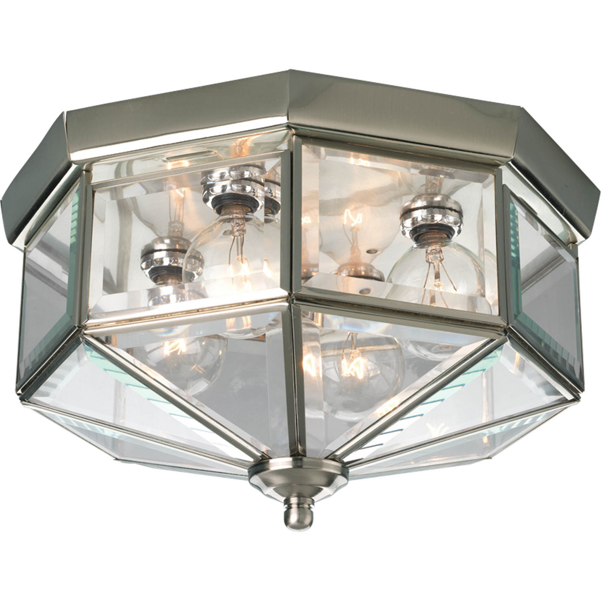Four-light octagonal close-to-ceiling fixture with clear, bound beveled glass. Solid brass construction. G-lamps recommended. Traditional styling perfect for halls, closets, porches, laundry rooms, bedroom. Brushed Nickel finish.