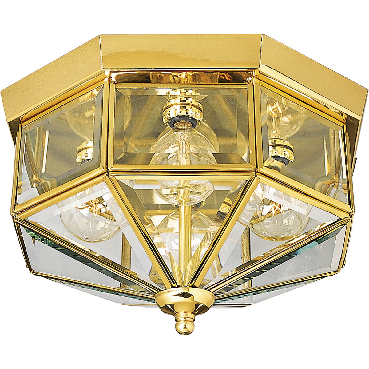 Four-light octagonal close-to-ceiling fixture with clear, bound beveled glass. Solid brass construction. G-lamps recommended. Traditional styling perfect for halls, closets, porches, laundry rooms, bedroom. Polished Brass finish.