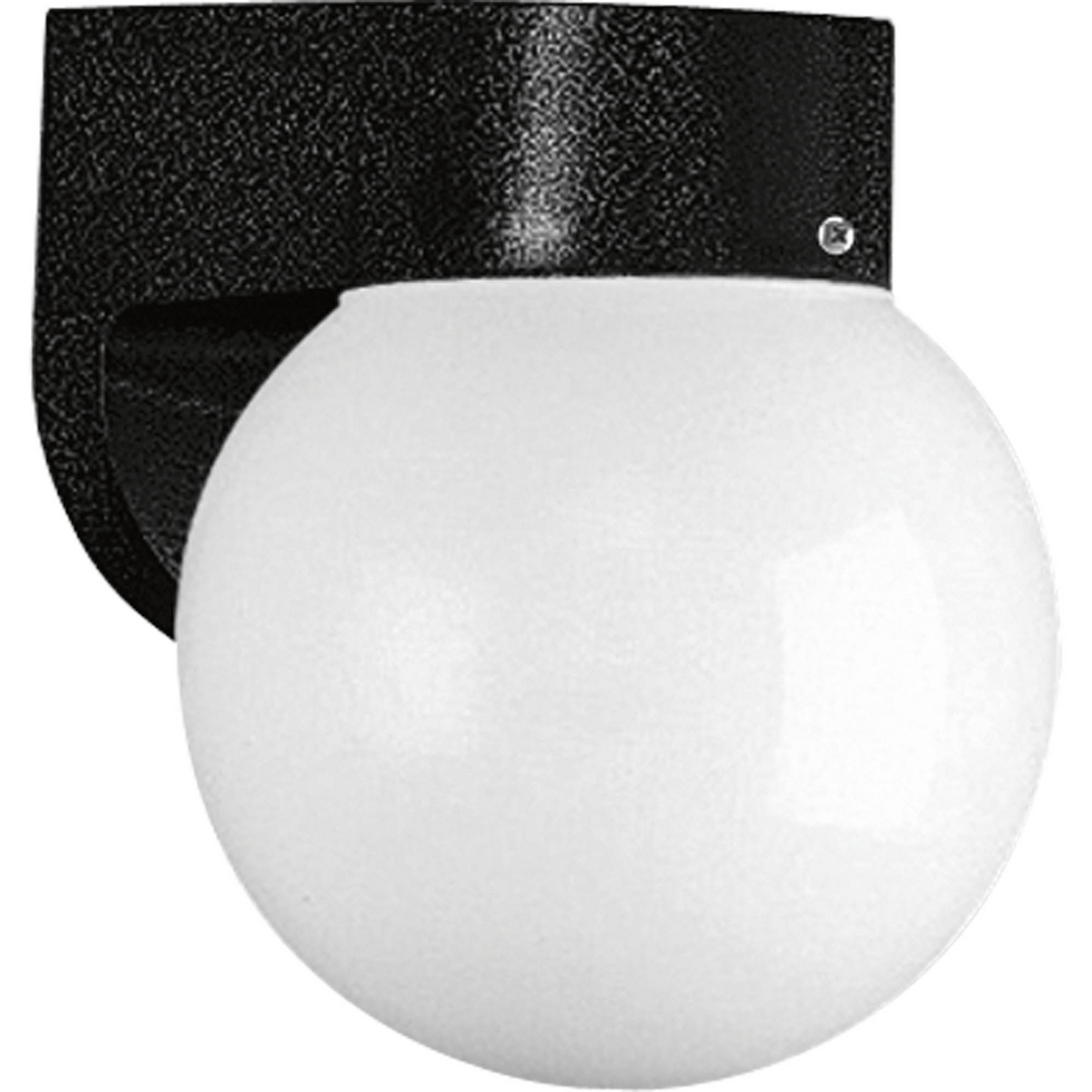 A black polycarbonate wall bracket featuring a white 6 inch acrylic globe. Adds modern flair to an outdoor space.