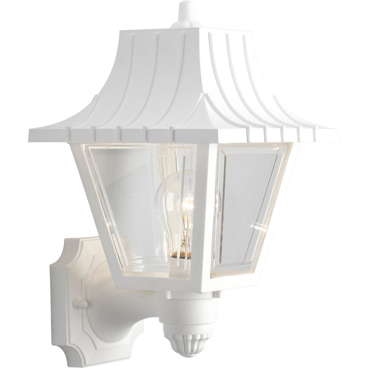 Classic style one-light wall lantern with ribbed mansard roof. Beveled clear acrylic panels. Polypropylene construction. White finish.
