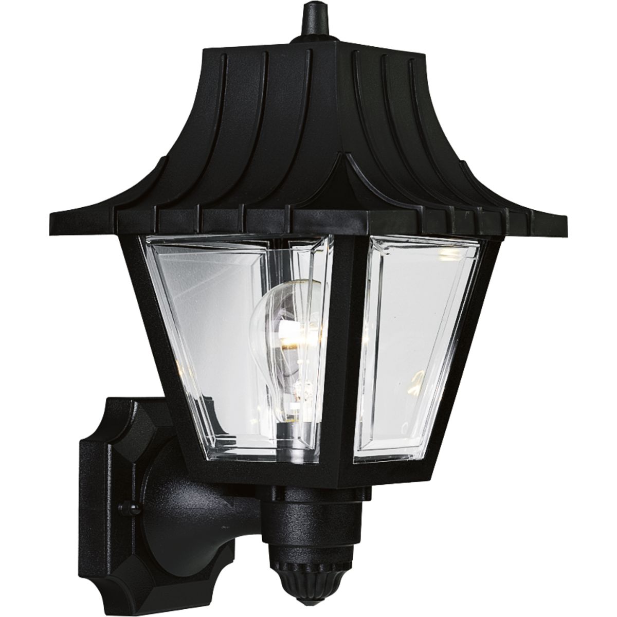 Classic style one-light wall lantern with ribbed mansard roof. Beveled clear acrylic panels. Polypropylene construction. Black finish.