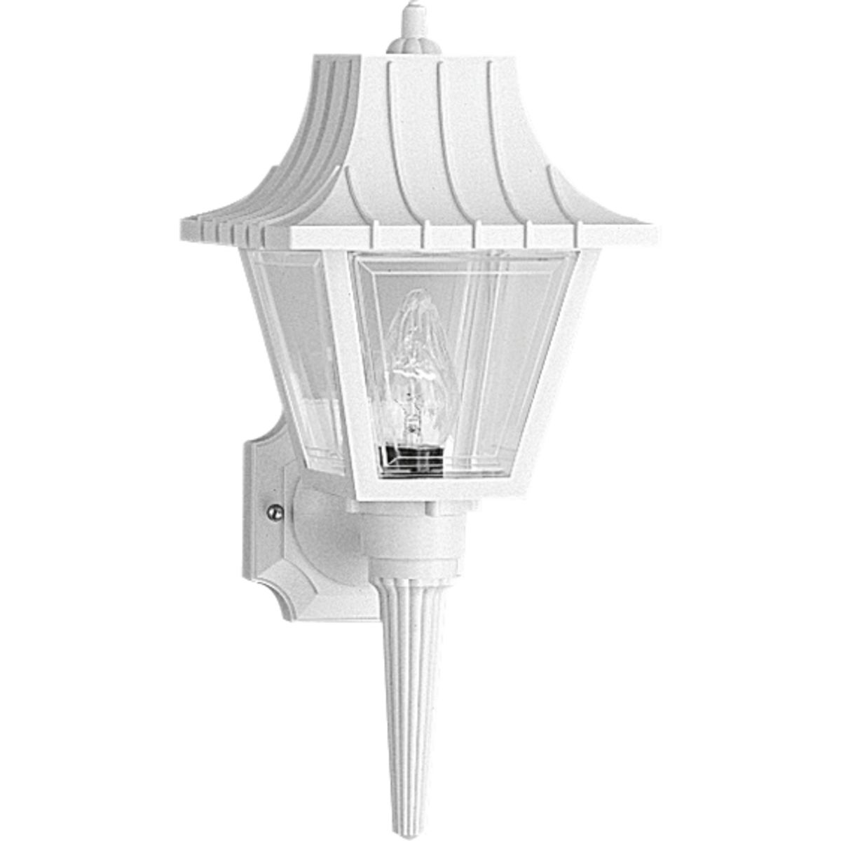 Classic style wall lantern with ribbed mansard roof and tail. Beveled clear acrylic panels. Polypropylene construction. White finish.