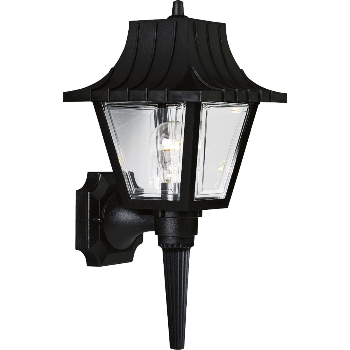 Classic style wall lantern with ribbed mansard roof and tail. Beveled clear acrylic panels. Polypropylene construction. Black finish.