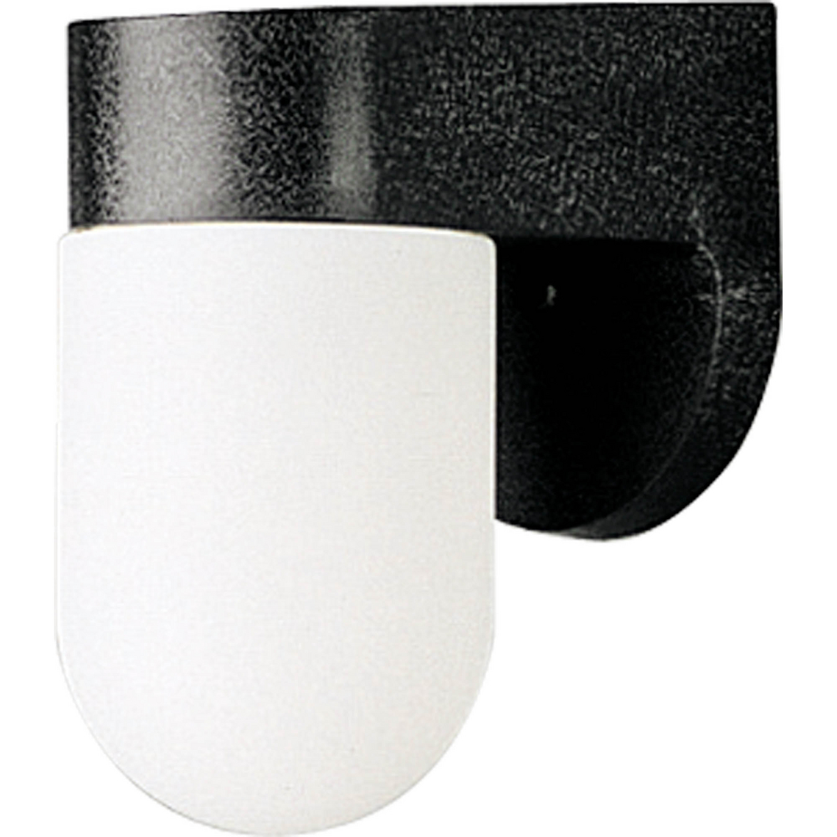 A black polycarbonate wall lantern featuring a white acrylic cylindrical diffuser. Adds modern flair to an outdoor space.