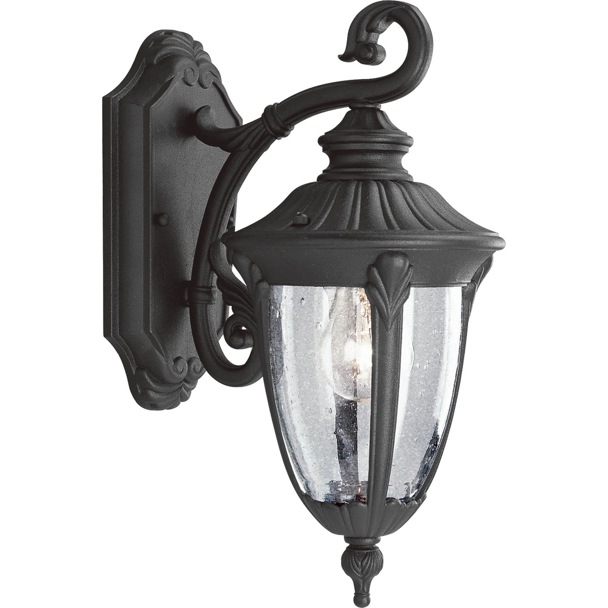The Meridian Collection features decorative shepherd hooks and acanthus cast arms. Clear, seed glass urns finishes off the distinctive and stately feeling of old world elegance. The one-light cast aluminum small wall lantern has a durable Textured Black powder coat finish.