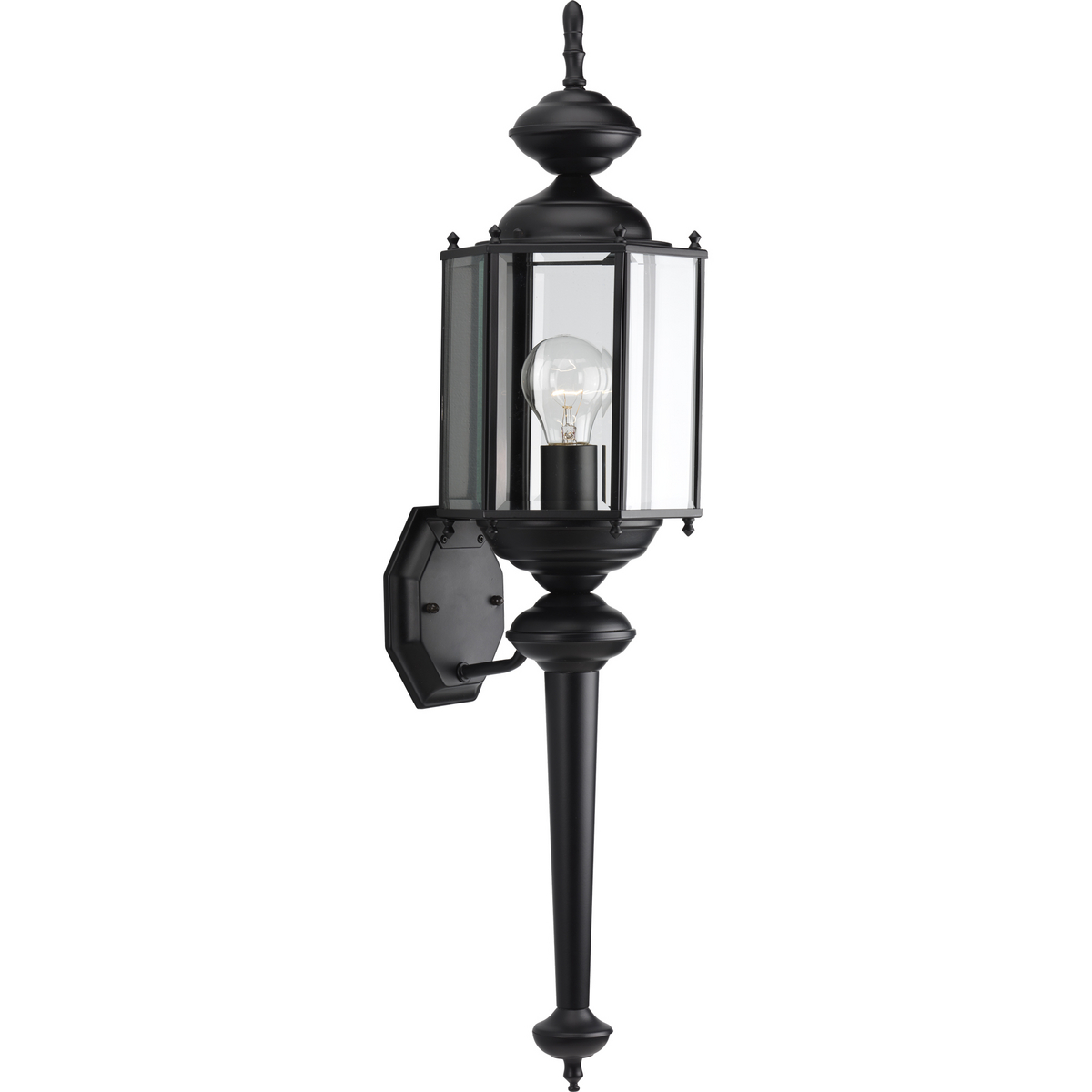 Illuminate the path to your home with this single-light wall lantern. The traditional style and black finish enhance the exterior designs of homes sided in brick, vinyl, stone, wood, or aluminum. Solid brass hexagonal wall torch with clear beveled glass panels.