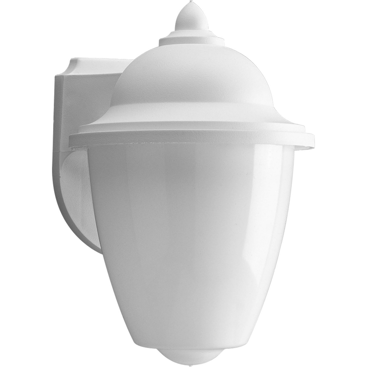 A white one-light plastic wall lantern with a white acrylic diffuser. Great for a classic outdoor space.
