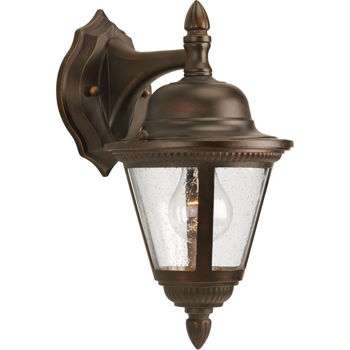 Add a touch of rustic appeal and classic styling with beaded detailing in the Westport collection. Clear seeded glass compliments the durable powder coat finish in die-cast aluminum frames. One-light small wall lantern. Antique Bronze finish.