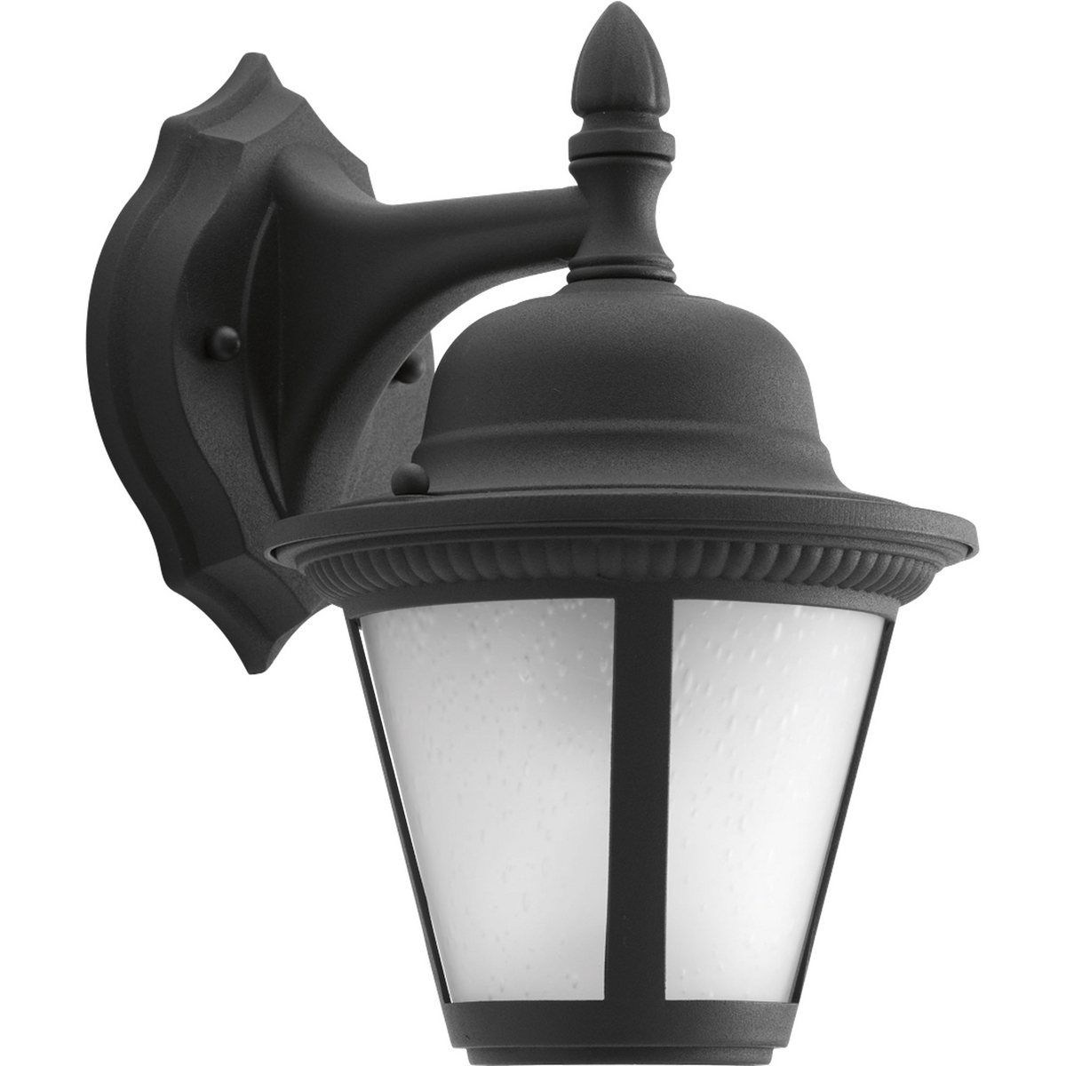 Westport LED offers traditional styling to complement a variety of home decor options. A durable die-cast aluminum frame cradles a softly diffused seeded glass shade. 3000K, 90+ CRI 623 lumens. One-light LED 6-3/4 in outdoor wall lantern. Black finish.