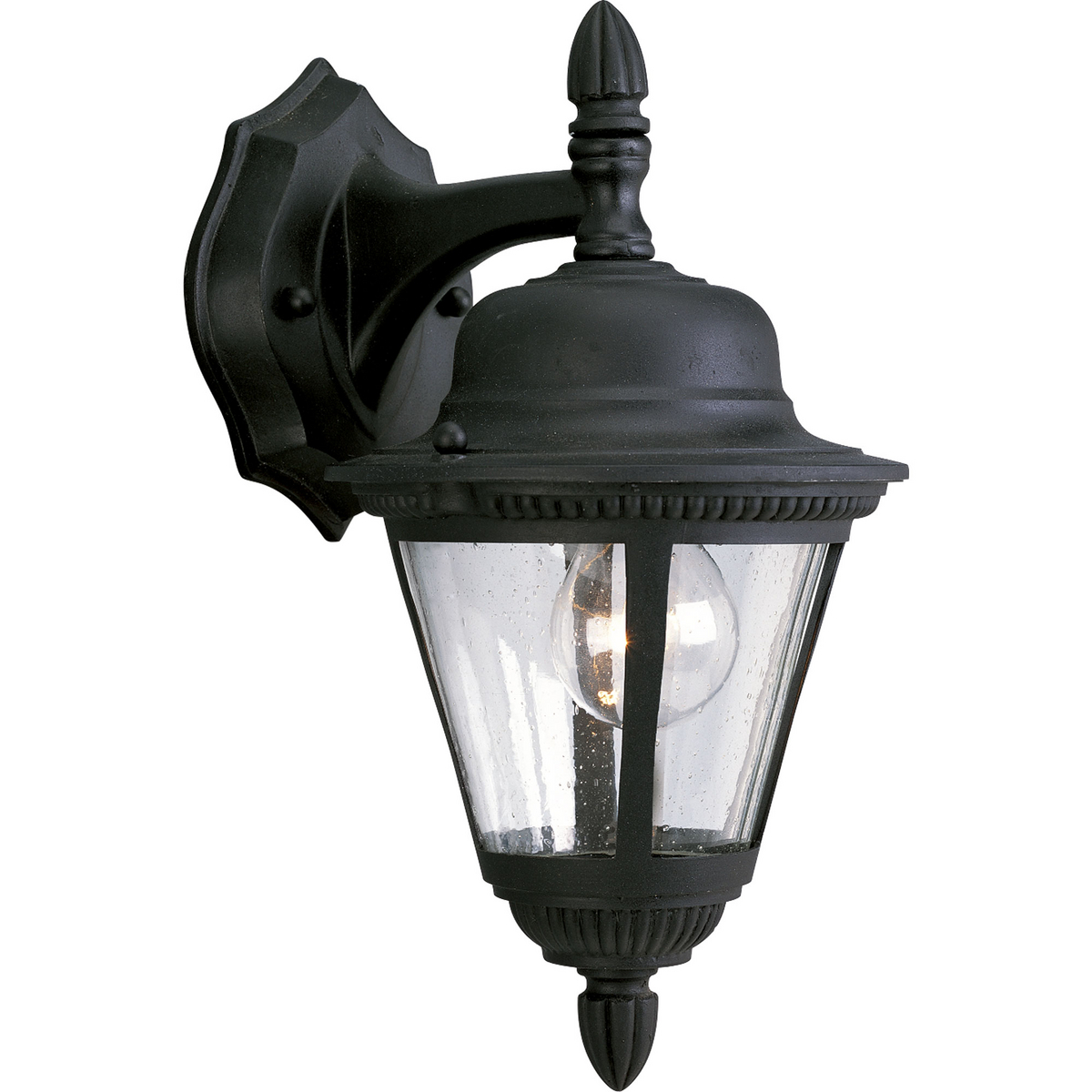 Add a touch of rustic appeal and classic styling with beaded detailing in the Westport collection. Clear seeded glass compliments the durable powder coat finish in die-cast aluminum frames. One-light small wall lantern. Textured Black finish.