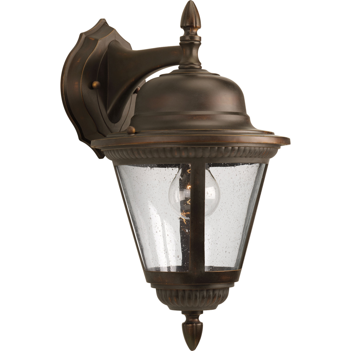 Add a touch of rustic appeal and classic styling with beaded detailing in the Westport collection. Clear seeded glass compliments the durable powder coat finish in die-cast aluminum frames. One-light medium wall lantern. Antique Bronze finish.