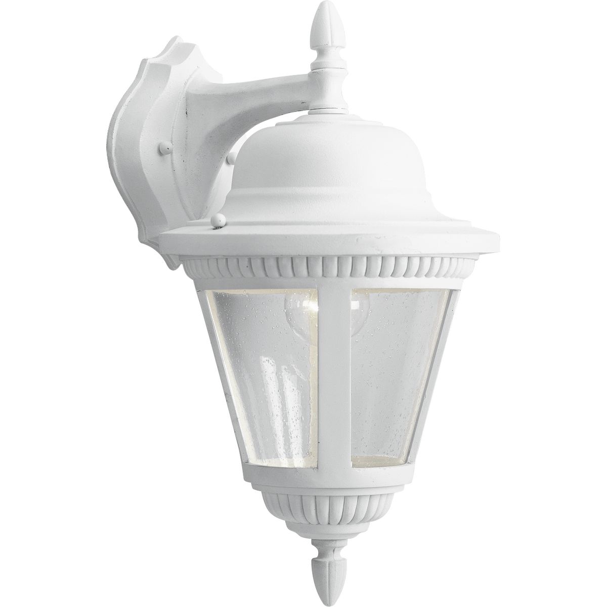 Add a touch of rustic appeal and classic styling with beaded detailing in the Westport collection. Clear seeded glass compliments the durable powder coat finish in die-cast aluminum frames. One-light medium wall lantern. White finish.