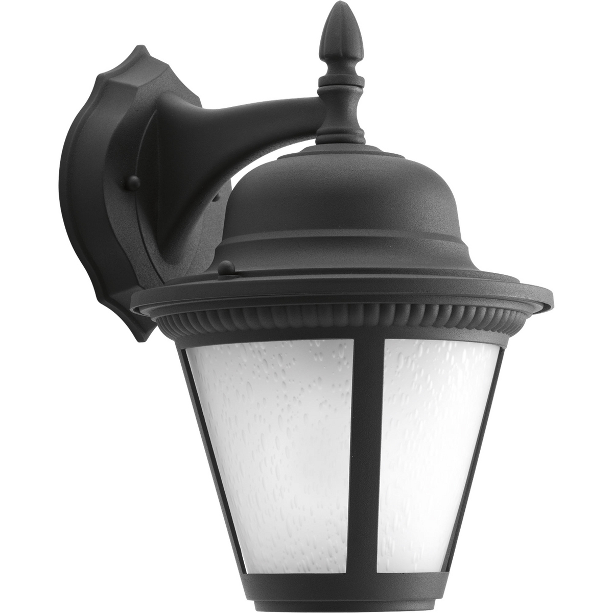 Westport LED offers traditional styling to complement a variety of home decor options. A durable die-cast aluminum frame cradles a softly diffused seeded glass shade. 3000K, 90+ CRI 623 lumens. One-light LED 9 in outdoor wall lantern. Black finish.