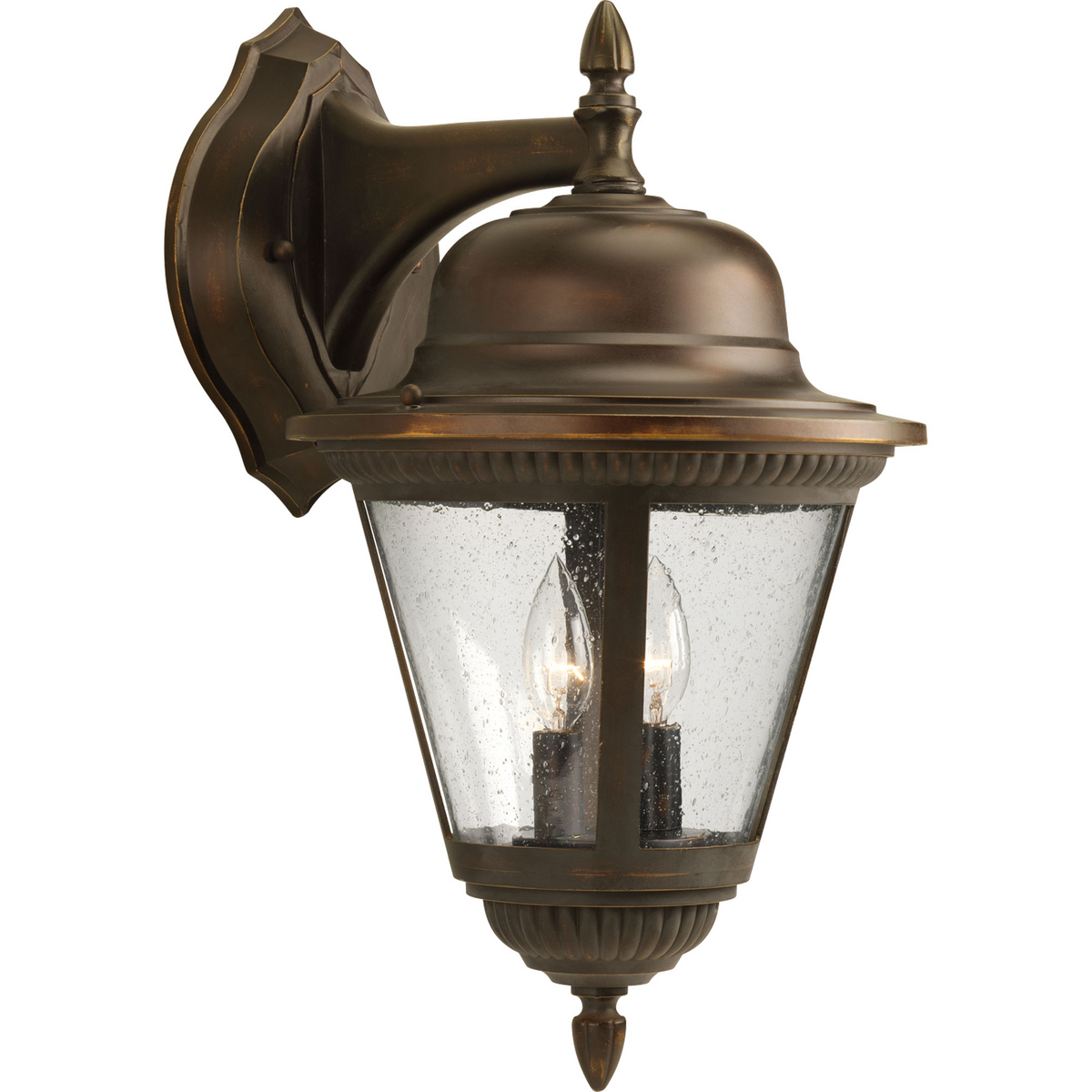 Add a touch of rustic appeal and classic styling with beaded detailing in the Westport collection. Clear seeded glass compliments the durable powder coat finish in die-cast aluminum frames. Two-light large wall lantern. Antique Bronze finish.