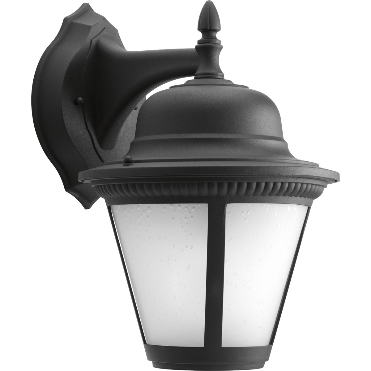 Westport LED offers traditional styling to complement a variety of home decor options. A durable die-cast aluminum frame cradles a softly diffused seeded glass shade. 3000K, 90+ CRI 1,211 lumens 71.2 lumens/watt per module (source). One-light LED 11 in outdoor wall lantern. Black finish.