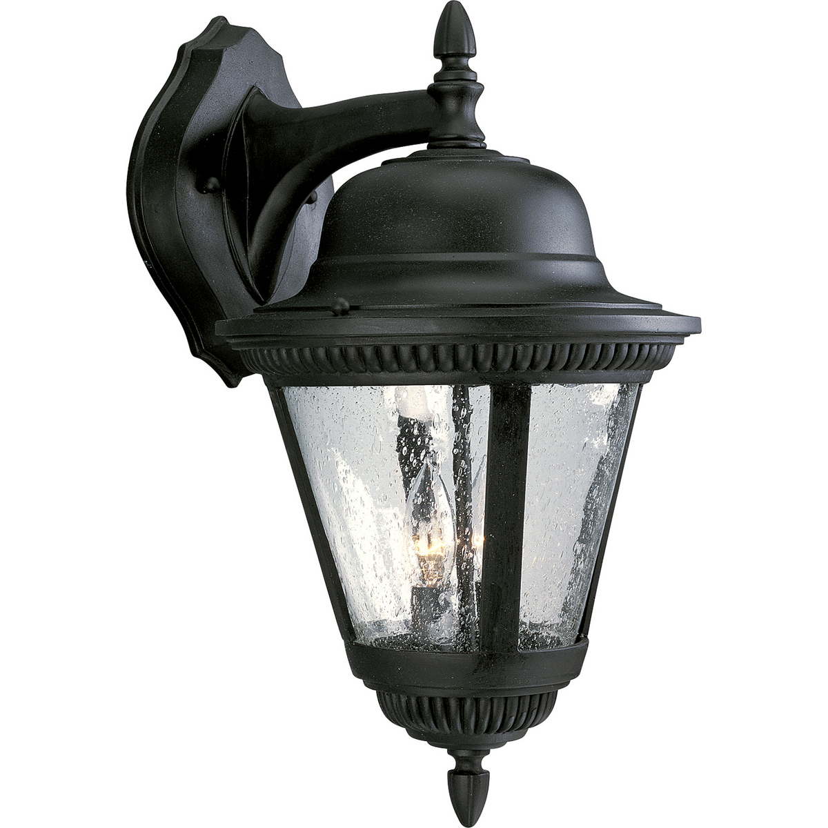 Add a touch of rustic appeal and classic styling with beaded detailing in the Westport collection. Clear seeded glass compliments the durable powder coat finish in die-cast aluminum frames. Two-light large wall lantern. Textured Black finish.