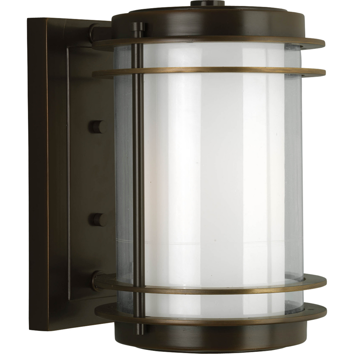 One-light medium wall lantern with smooth contemporary curves highlighted by a clear glass exterior surrounding an opal glass interior.