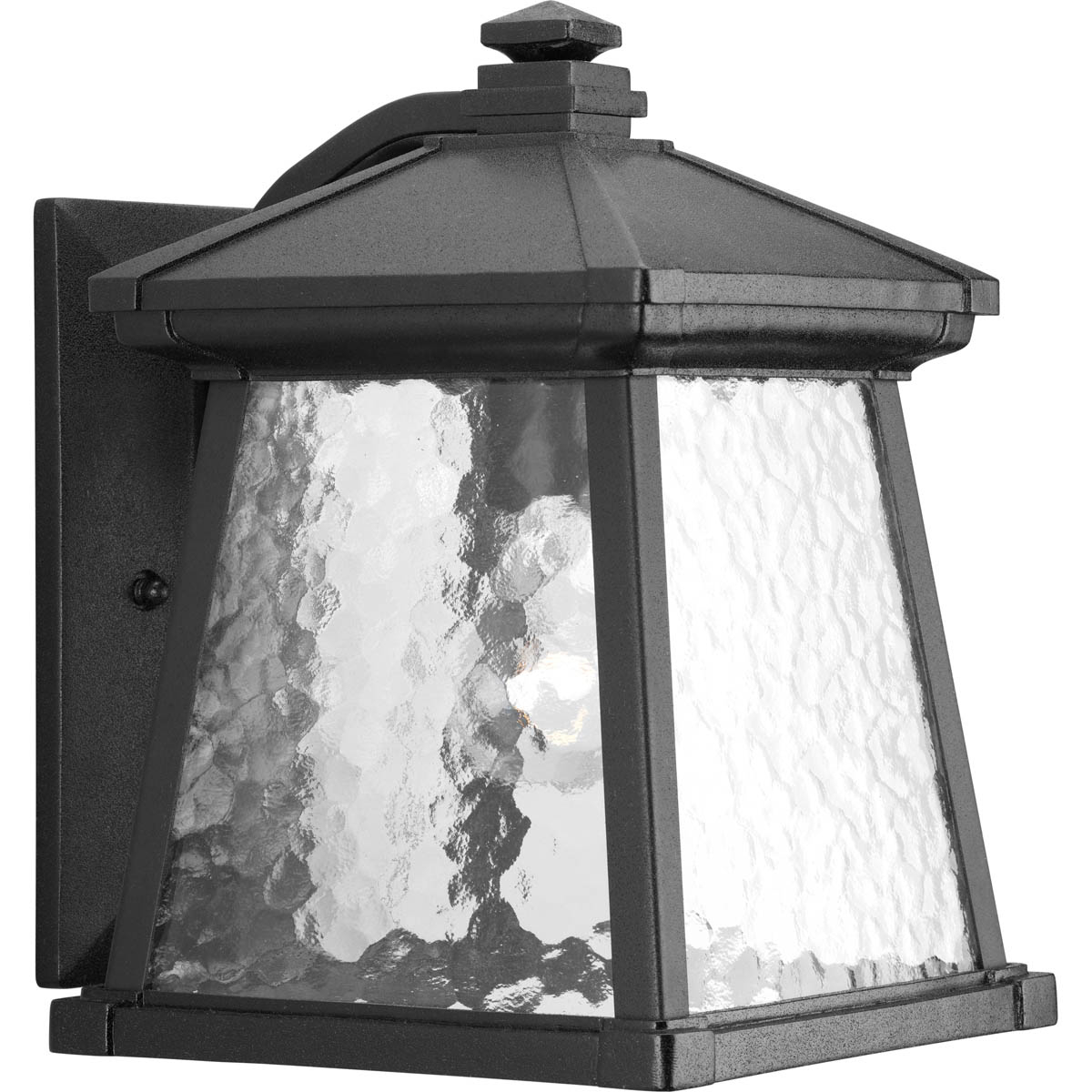 Classic arts and crafts inspired profile. Cast aluminum construction with clear water glass and decorative bottom detail. Textured black powder coated finish. One-light medium wall lantern.