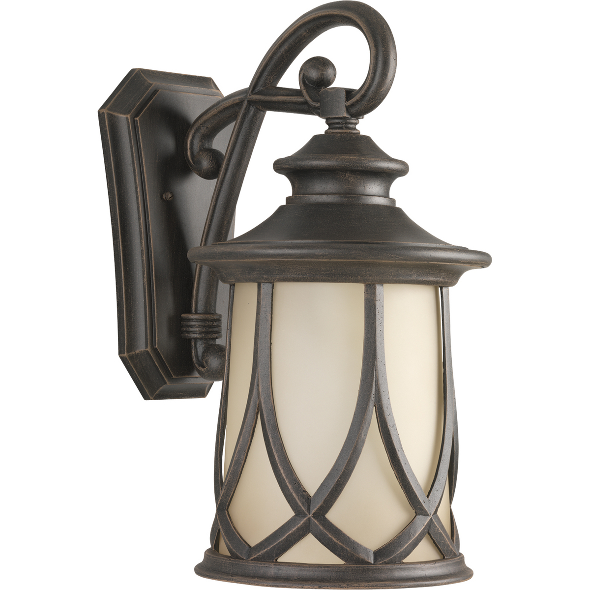 Tudor styling meets prairie design. Gradual umber tint on glass shades. A woven cast pattern encases a casual profile. Large scale cast aluminum lantern feature a durable powder coat finish. One-light large wall lantern.