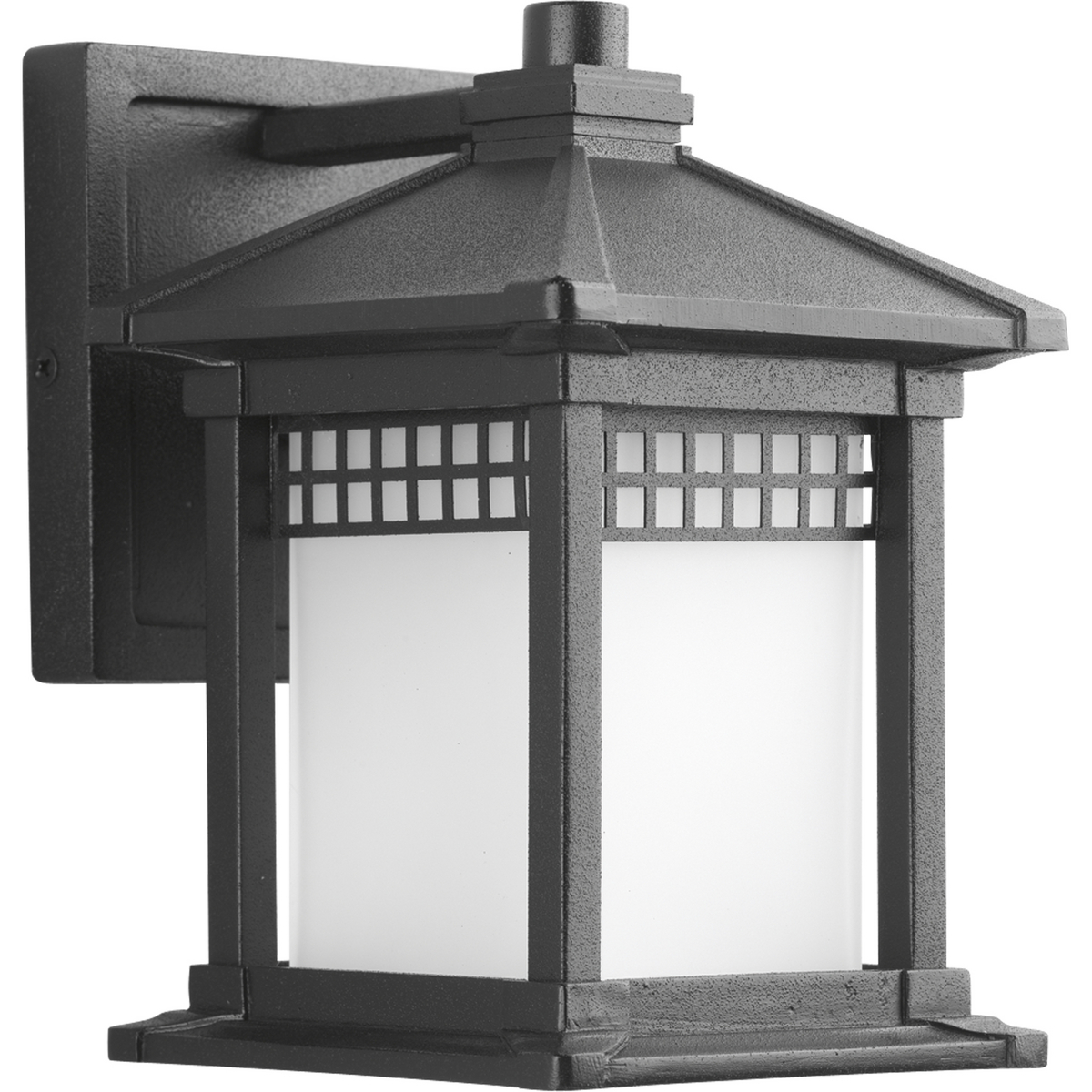 Square etched glass shade within rectilinear frame which showcases pierced grid pattern. One-light small wall lantern in a durable powder coat finish.