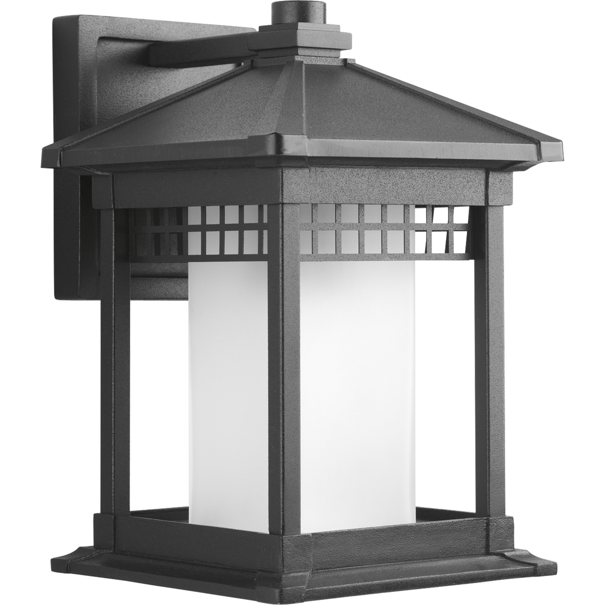 Square etched glass shade within rectilinear frame which showcases pierced grid pattern. One-light medium wall lantern in a durable powder coat finish.