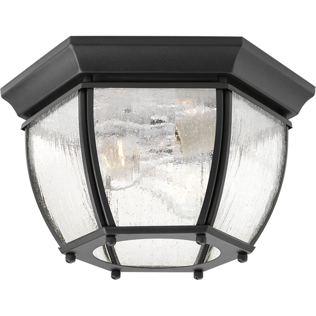 Solid two-light flush mount in rich weathered finish is complemented by seeded glass panels - a great choice for low maintenance and years of enjoyment. Black finish.
