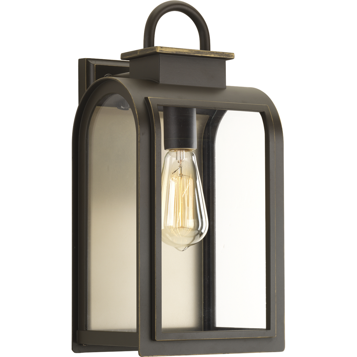 One-light medium wall lantern in a Cape Cod-inspired frame pays homage to a classic nautical style. Light output and geometric forms offer visual interest to outdoor exteriors. Clear glass windows are paired with a unique umber reflector panel that provides a beautiful effect when illuminated.