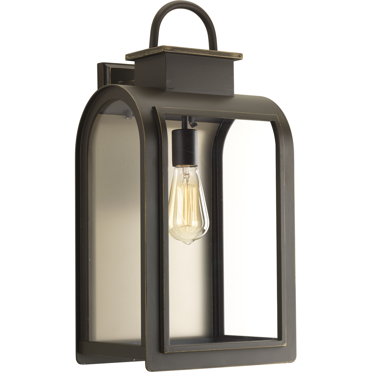 One-light large wall lantern in a Cape Cod-inspired frame pays homage to a classic nautical style. Light output and geometric forms offer visual interest to outdoor exteriors. Clear glass windows are paired with a unique umber reflector panel that provides a beautiful effect when illuminated.