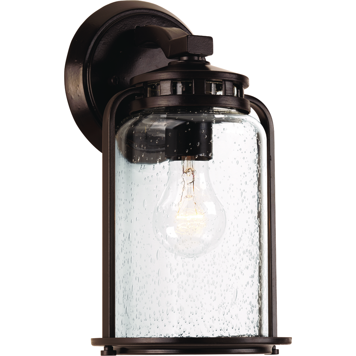 The one-light small wall lantern from the Botta Collection provides a casual feel to complement interiors and exteriors with vintage flair. Finely crafted accents highlight clear seeded glass.