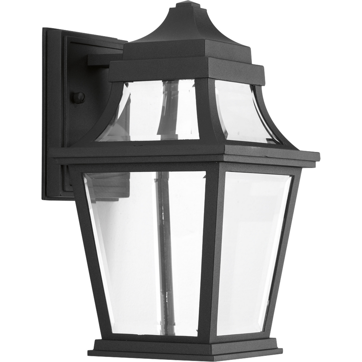 Endorse celebrates the traditional form of a gas-powered coach light with illumination from an LED source. A die-cast aluminum, powdered coated frame created and intriguing visual effect with the clear beveled glass. An optional fluted glass column is offered as an accessory (P8774-31). 3000K, 90+ CRI, 623 lumens (source).