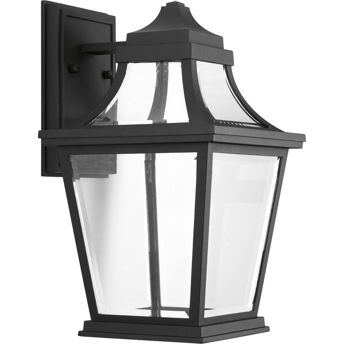 Endorse celebrates the traditional form of a gas-powered coach light with illumination from an LED source. The medium wall lantern has a die-cast aluminum, powdered coated frame created and intriguing visual effect with the clear beveled glass. An optional fluted glass column is offered as an accessory (P8775-31). 3000K, 90+ CRI, 623 lumens (source).