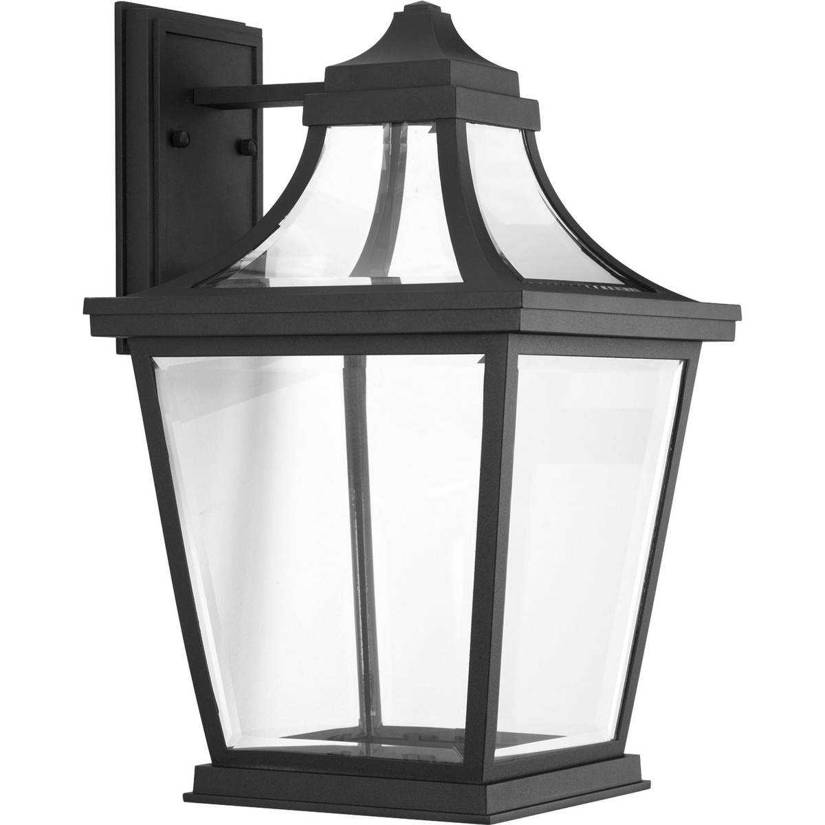 Endorse celebrates the traditional form of a gas-powered coach light with illumination from an LED source. A die-cast aluminum, powdered coated frame created and intriguing visual effect with the clear beveled glass. An optional fluted glass column is offered as an accessory (P8779-31). 3000K, 90+ CRI, 623 lumens (source).