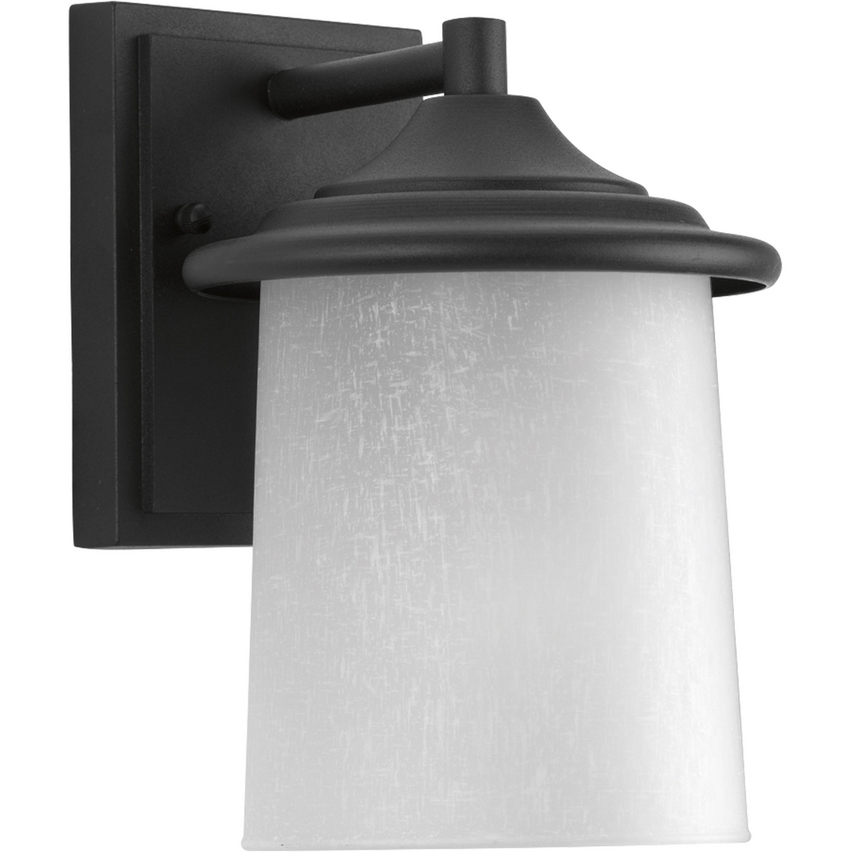 Outdoor one-light small wall lantern with a white linen glass shade in a Black finish.
