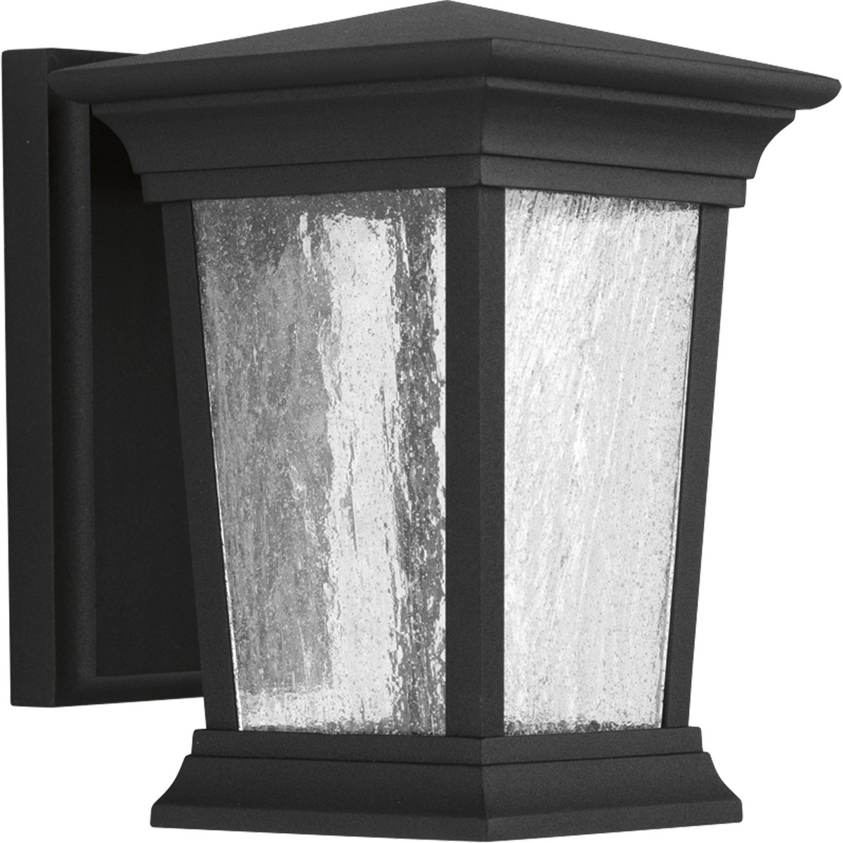 Arrive LED lanterns feature a die-cast aluminum, powder coated frame and heavily textured glass. One-light small wall lantern. 90+ CRI, 3000K, 623 lumens (source). Energy Star.