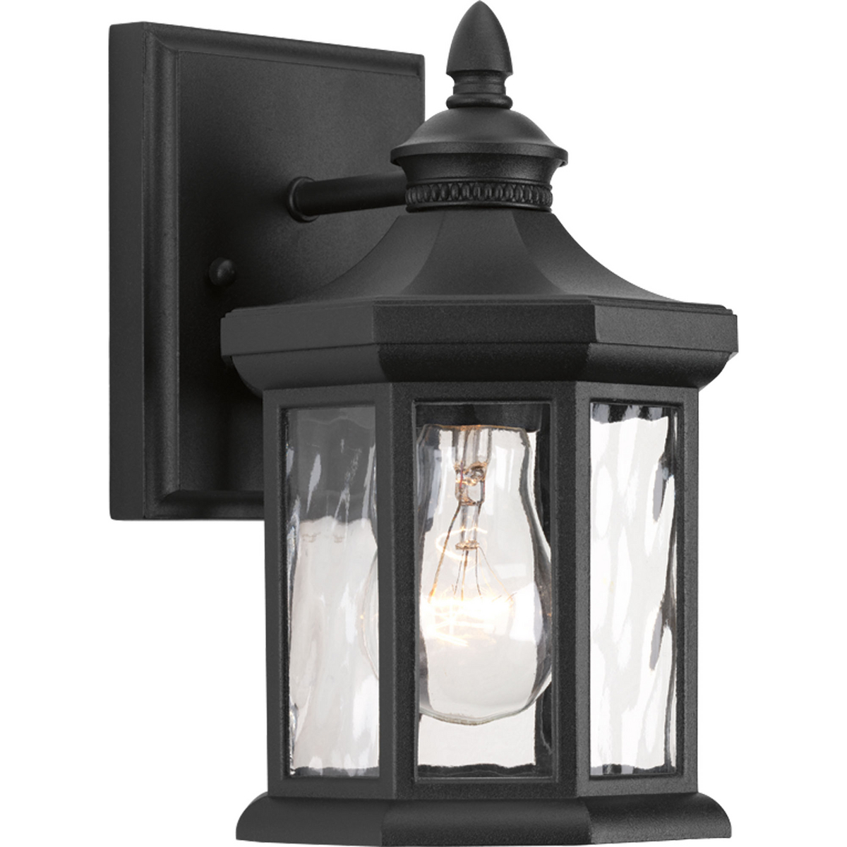 One-light small wall lantern with a distinct octagonal shape for classic styling, highlighted by clear water glass elements.