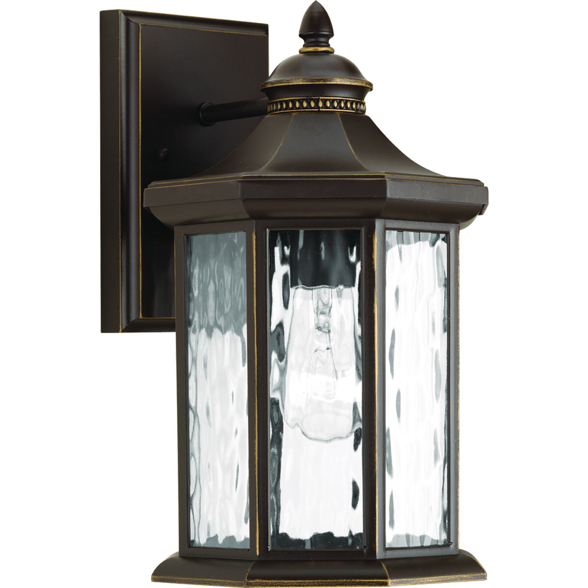 The one-light medium wall lantern in the Edition collection features distinctive octagonal shape for classic styling. Clear water glass elements are accented by a Antique Bronze finish. Die-cast aluminum construction with a powder coat finish makes this a durable style for updating a home's curb appeal.