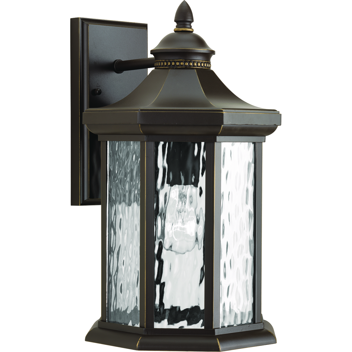 The one-light large wall lantern in the Edition collection features distinctive octagonal shape for classic styling. Clear water glass elements are accented by a Antique Bronze finish. Die-cast aluminum construction with a powder coat finish makes this a durable style for updating a home's curb appeal.
