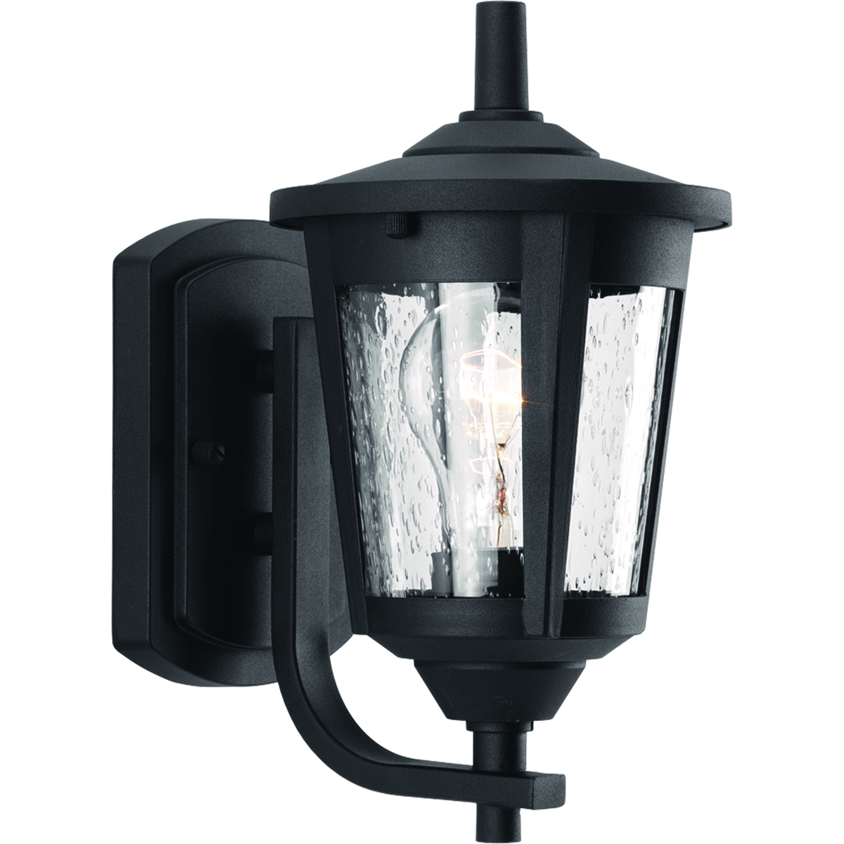 The East Haven Collection offers modern styling to complement a wide variety of home styles. The one-light small outdoor wall lantern has a Black frame that cradles a seeded glass shade. Hanging, wall and post mounting fixtures complete the collection.