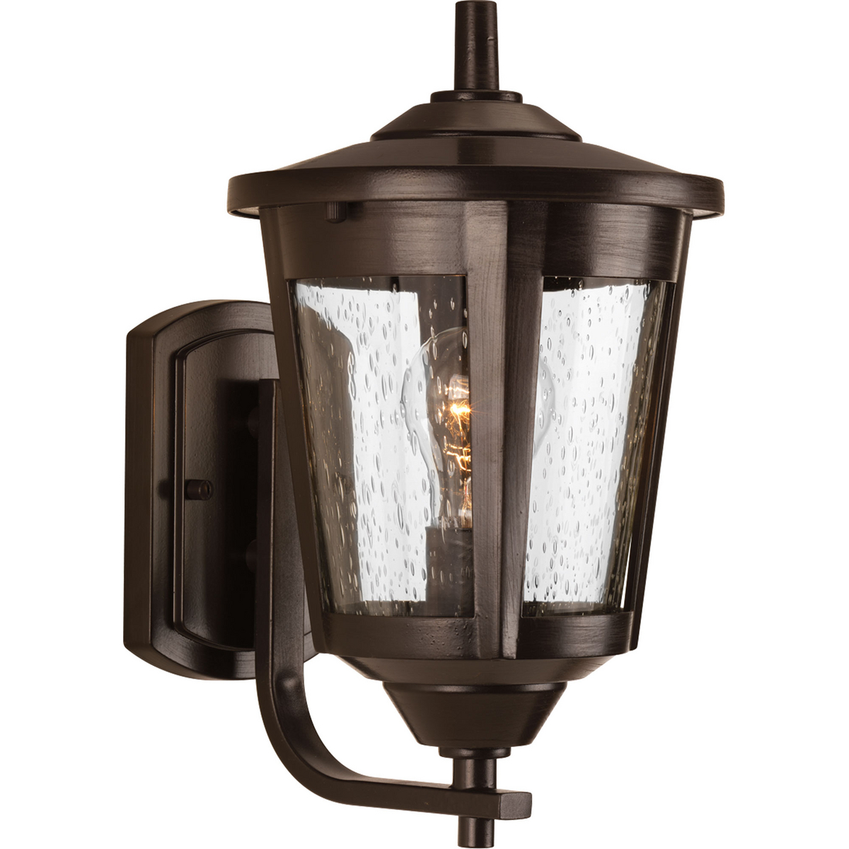 The East Haven Collection offers modern styling to complement a wide variety of home styles. The one-light medium outdoor wall lantern has an Antique Bronze frame that cradles a seeded glass shade. Hanging, wall and post mounting fixtures complete the collection.