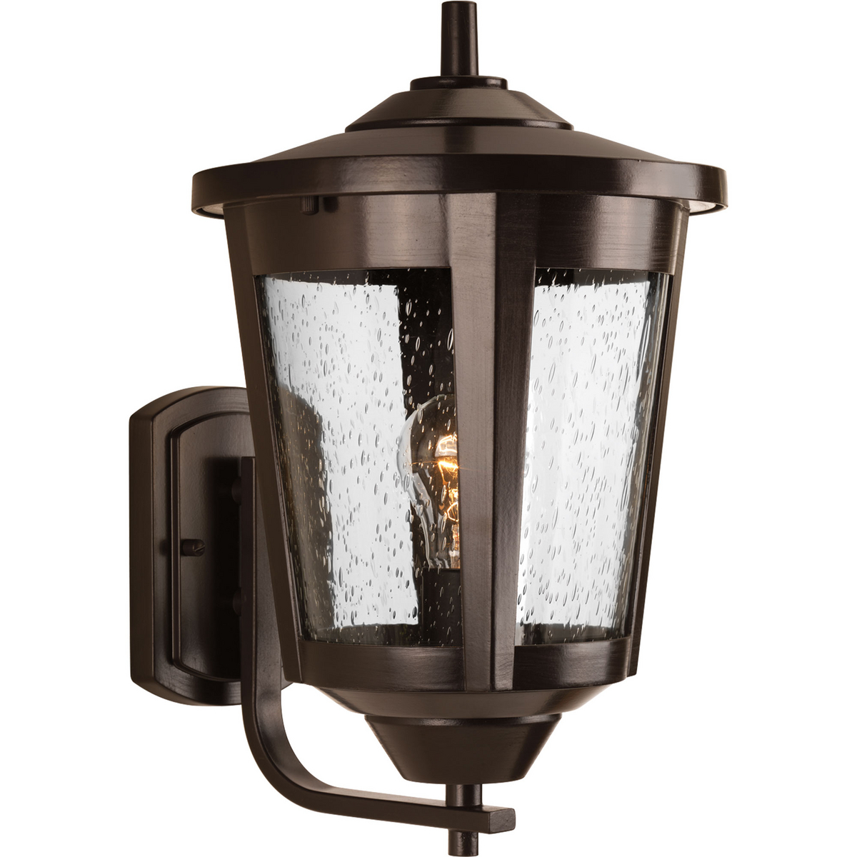 The East Haven Collection offers modern styling to complement a wide variety of home styles. The one-light large outdoor wall lantern has an Antique Bronze frame that cradles a seeded glass shade. Hanging, wall and post mounting fixtures complete the collection.