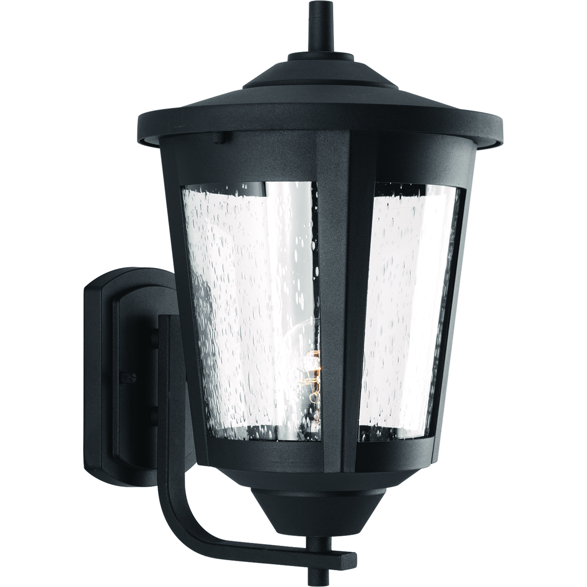 The East Haven Collection offers modern styling to complement a wide variety of home styles. The one-light large outdoor wall lantern has a Black frame that cradles a seeded glass shade. Hanging, wall and post mounting fixtures complete the collection.