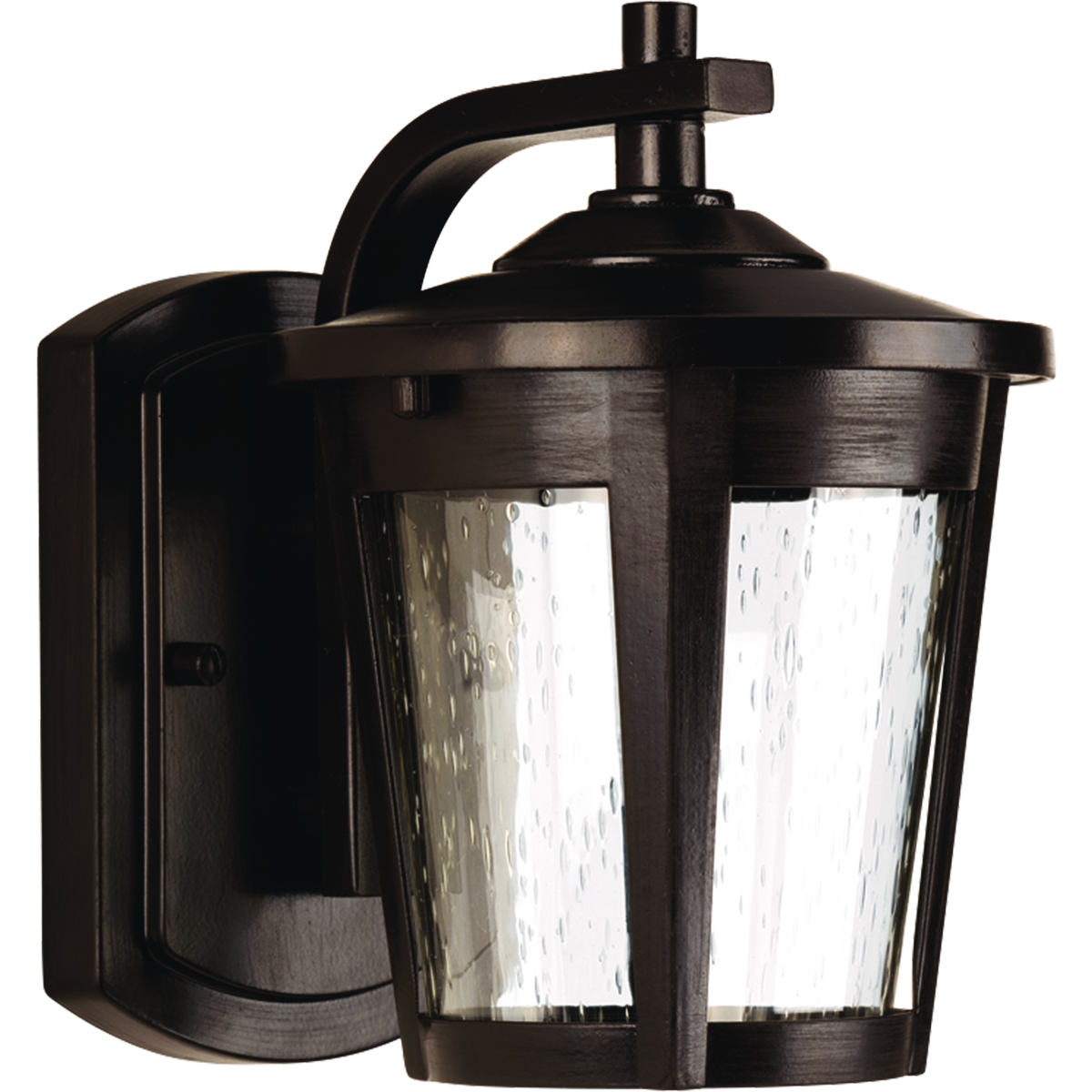 Small LED Wall lantern with contemporary styling and clear seeded glass. 120V AC replaceable LED module, 623 lumens (source) 3000K color temperature and 90+ CRI.