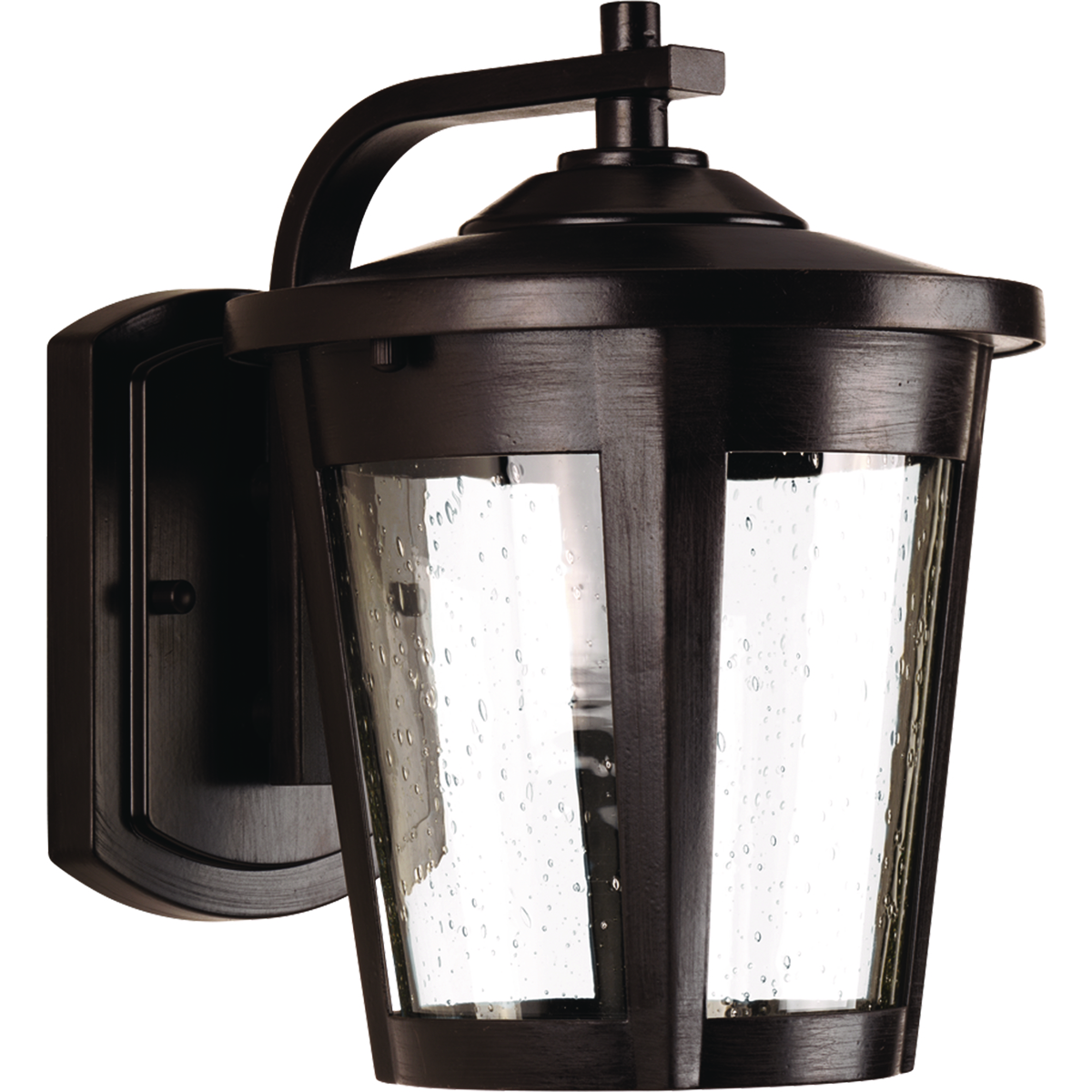 The East Haven LED Collection offers modern styling to complement a wide variety of home styles. The one-light medium LED outdoor wall lantern has an Antique Bronze frame that cradles a seeded glass shade. 120V AC replaceable LED module, 623 lumens (source), 3000K color temperature and 90+ CRI.
