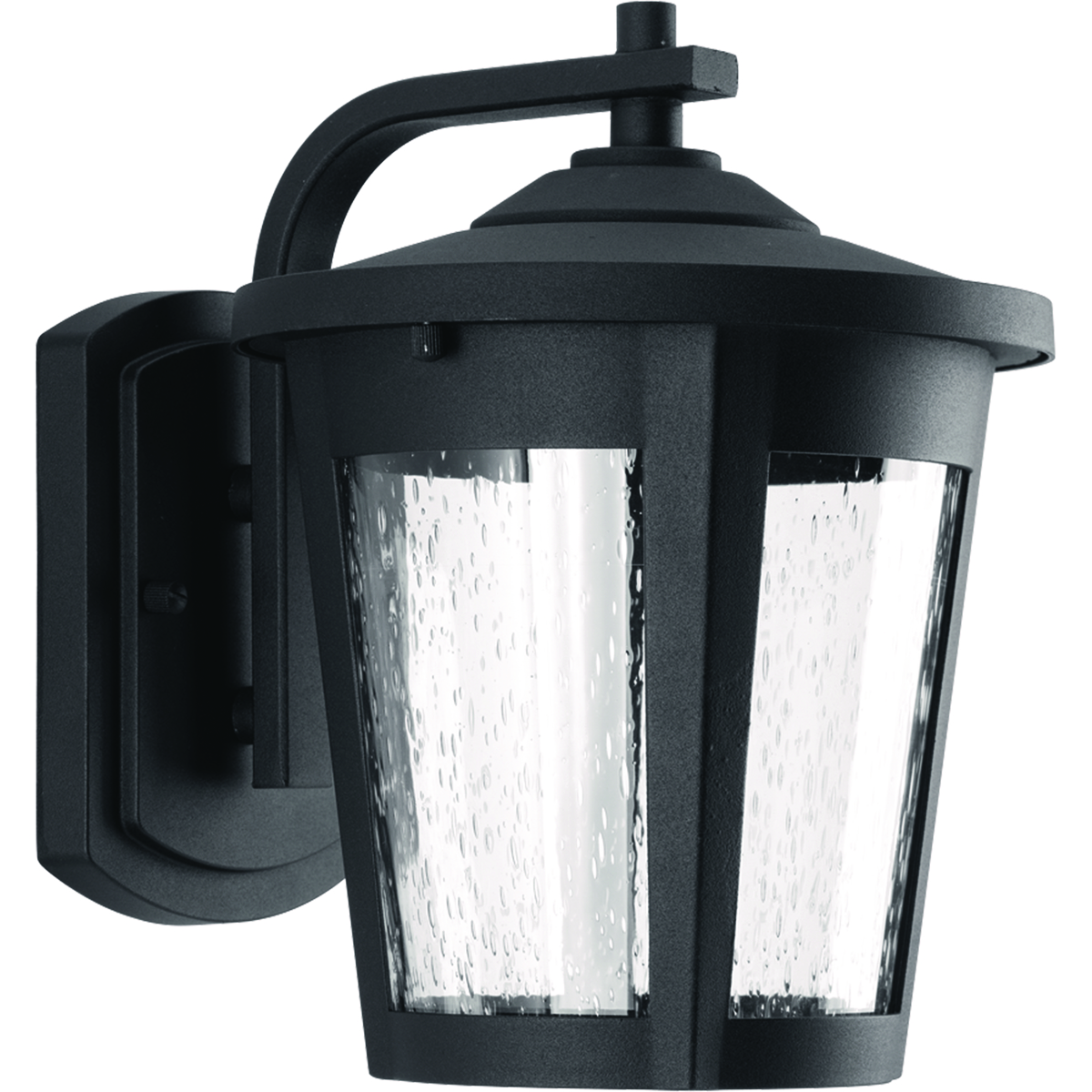 The East Haven LED Collection offers modern styling to complement a wide variety of home styles. The one-light medium LED outdoor wall lantern has a Black frame that cradles a seeded glass shade. 120V AC replaceable LED module, 623 lumens (source), 3000K color temperature and 90+ CRI.