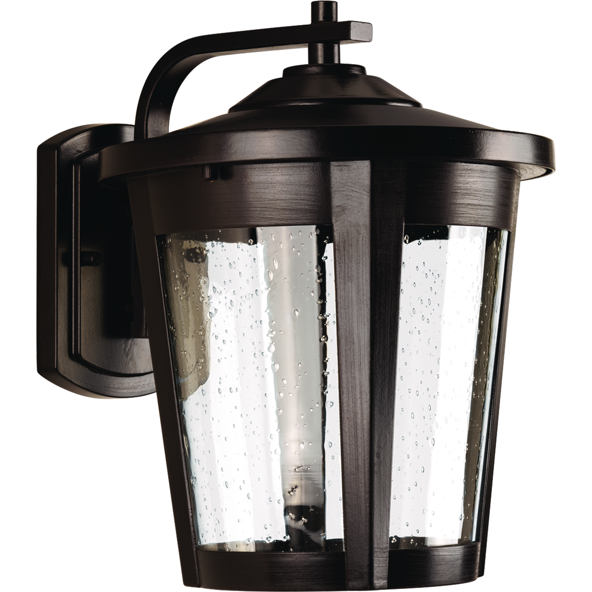 The East Haven LED Collection offers modern styling to complement a wide variety of home styles. The one-light large LED outdoor wall lantern has an Antique Bronze frame that cradles a seeded glass shade. 120V AC replaceable LED module, 1,211 lumens 71.2 lumens/watt per module (source). 3000K color temperature and 90+ CRI.