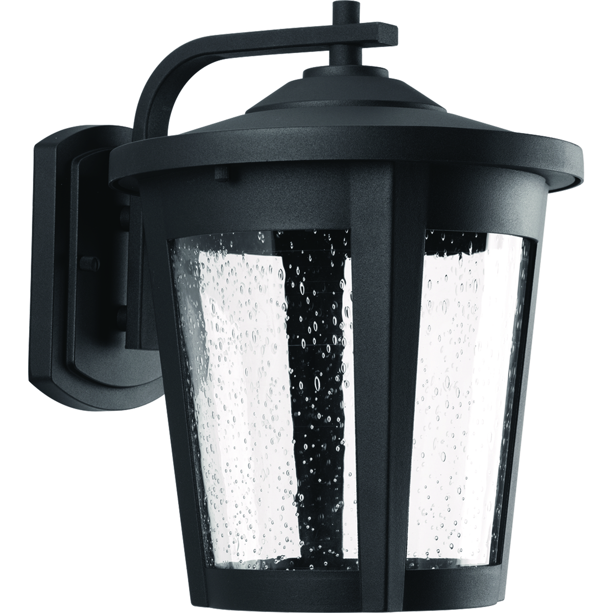 The East Haven LED Collection offers modern styling to complement a wide variety of home styles. The one-light large LED outdoor wall lantern has a Black frame that cradles a seeded glass shade. 120V AC replaceable LED module, 1,211 lumens 71.2 lumens/watt per module (source). 3000K color temperature and 90+ CRI.