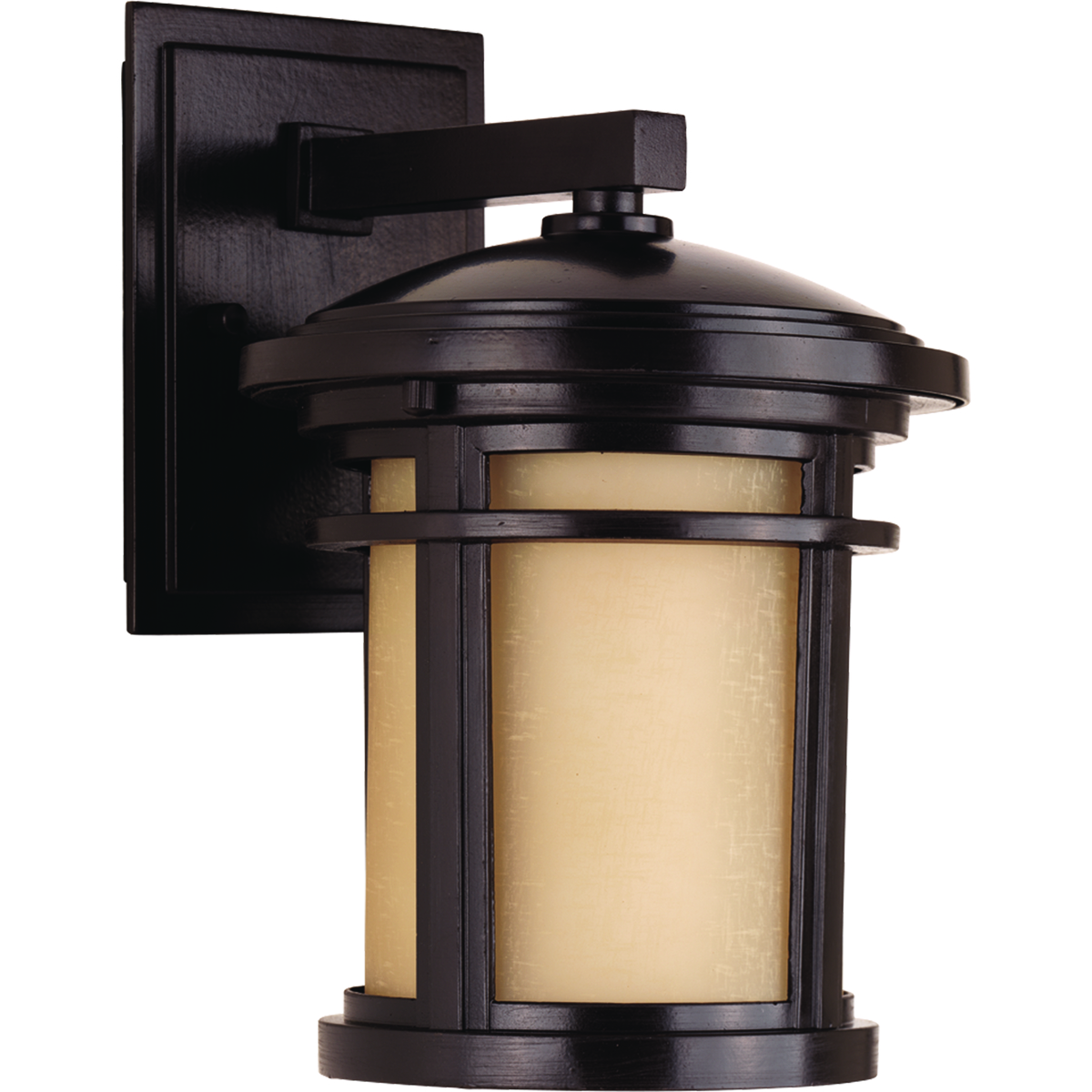 Small wall lantern with etched umber linen glass. Includes dark sky shield for full cut-off illumination or remove for a traditional lighting effect.