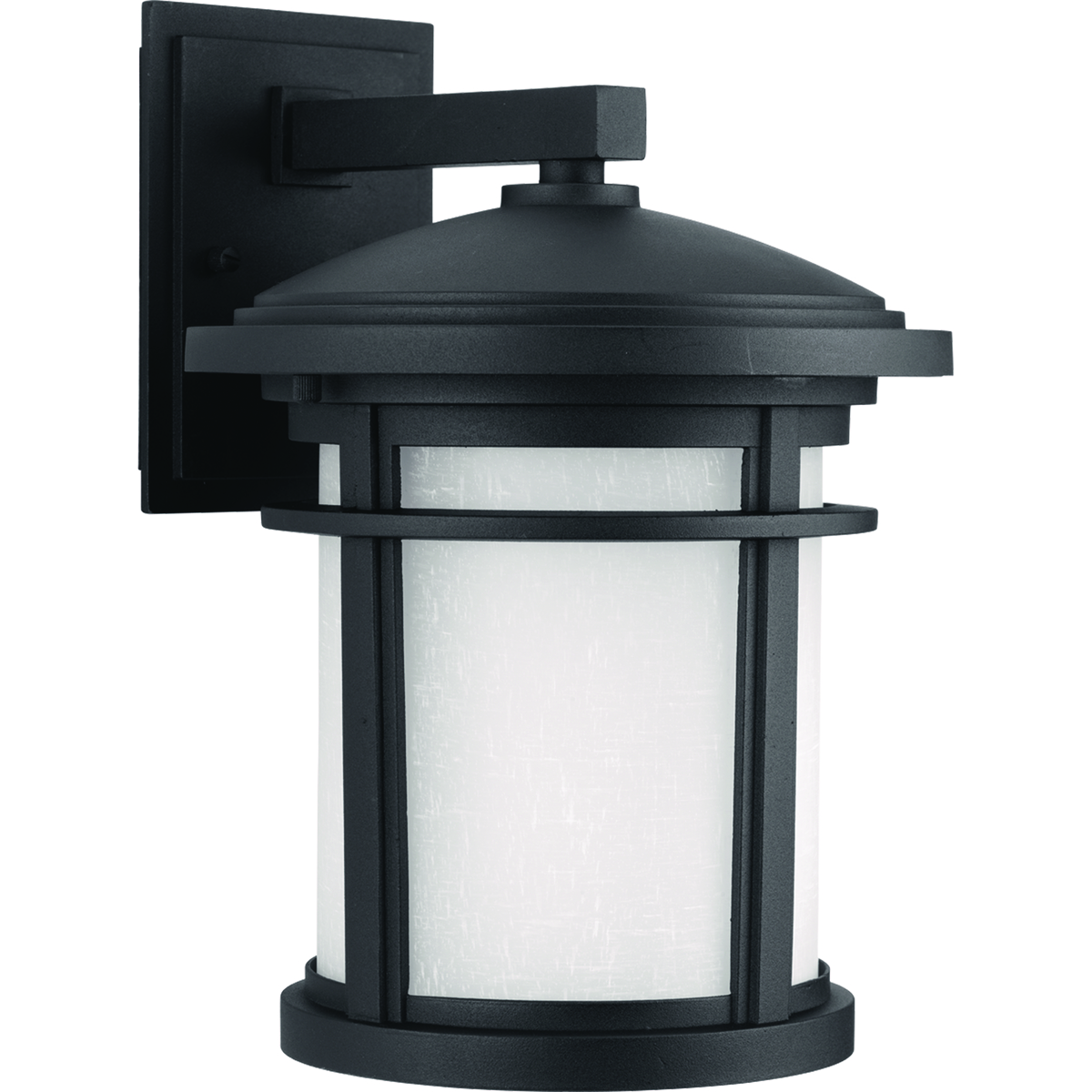 Medium wall lantern with etched white linen glass. Includes dark sky shield for full cut-off illumination or remove for a traditional lighting effect.