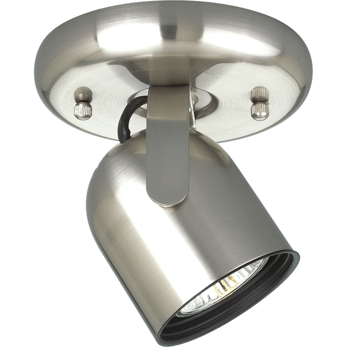 One-light round back ceiling mount directional in Brushed Nickel finish.